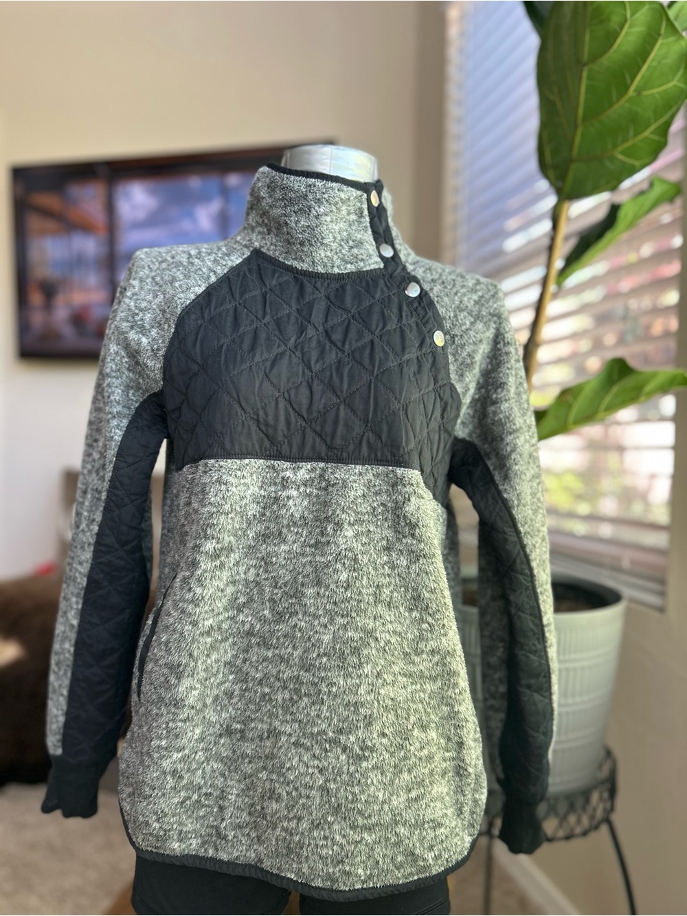 Abercrombie & Fitch Grey and Black Quilted-Panel Snap-Turtleneck Sweater